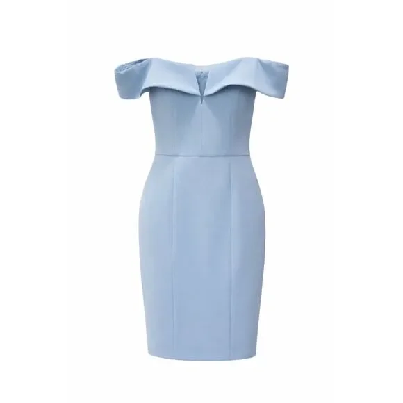 Vince Camuto Sheath Dress 4 Light Blue Off Shoulder V-Notch Midi Crepe $148 - Picture 1 of 5